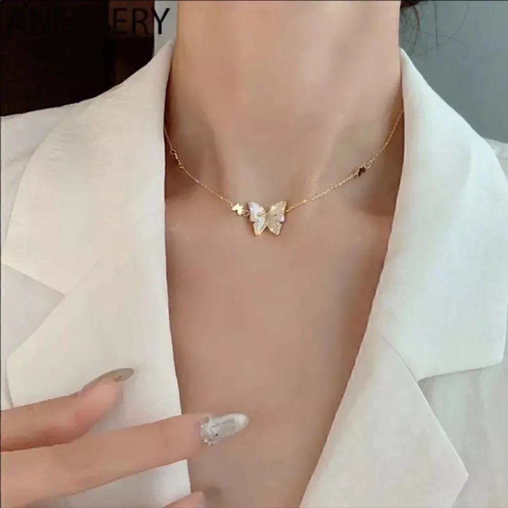 New Yellow Gold Diamond Shell Butterfly Necklace
